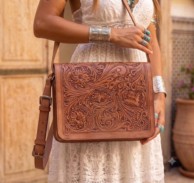 Tooled Leather Crossbody Bag with Floral Embossing – Handmade Western Boho Purse