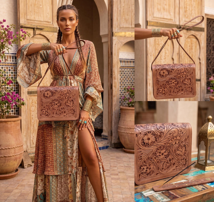 Tooled Leather Crossbody Bag with Floral Embossing – Handmade Western Boho Purse