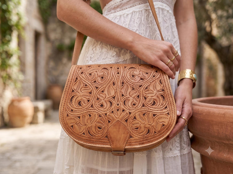 Handmade Tooled Leather Crossbody Bag: Moroccan Floral Satchel