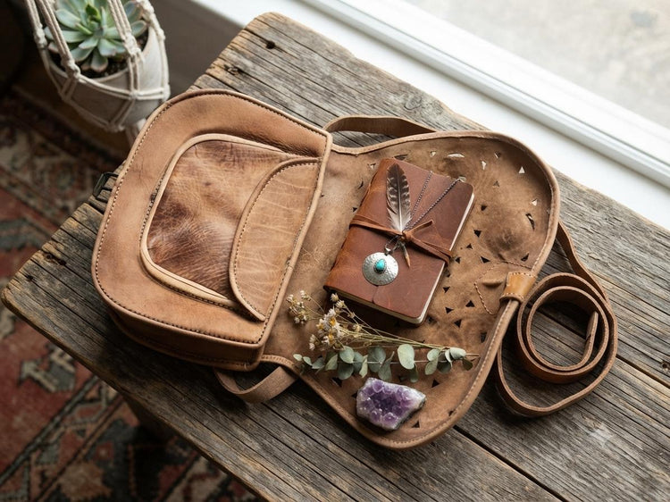 Cut Out Leather Crossbody Bag – Moroccan Floral Tooled Boho Saddle Purse