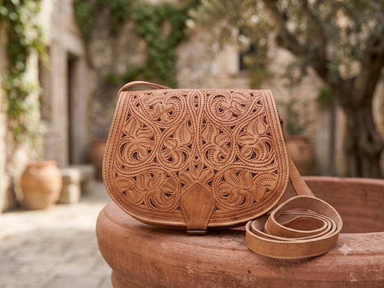 Cut Out Leather Crossbody Bag – Moroccan Floral Tooled Boho Saddle Purse