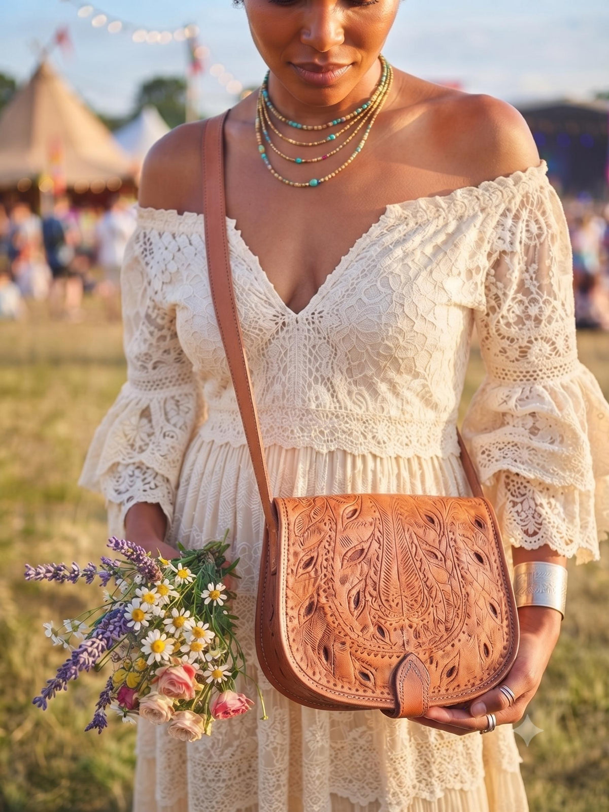 Moroccan Leather Crossbody Bag Floral Cut Out Boho Purse Handmade Berber Shoulder Bag Tan Brown Festival Satchel