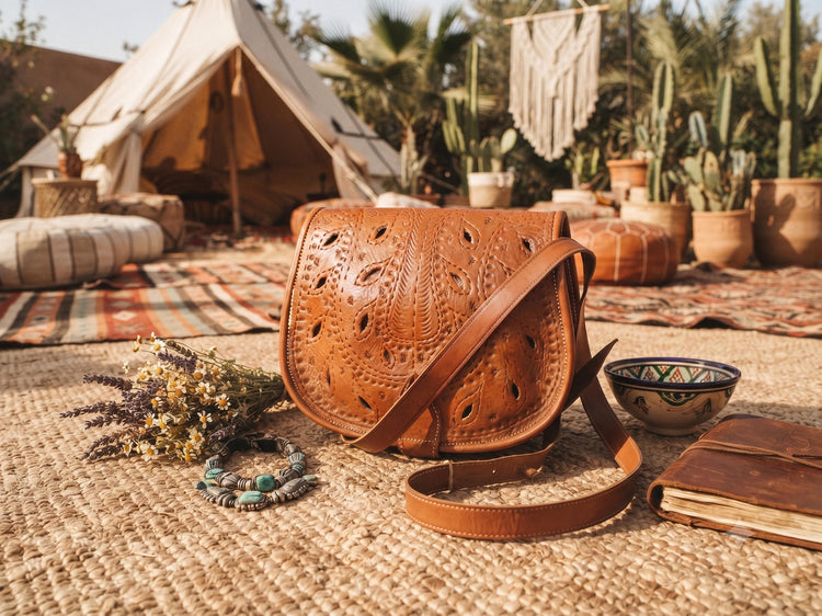 Moroccan Leather Crossbody Bag Floral Cut Out Berber Purse Boho Saddle Bag Handmade Tan Leather Shoulder Bag