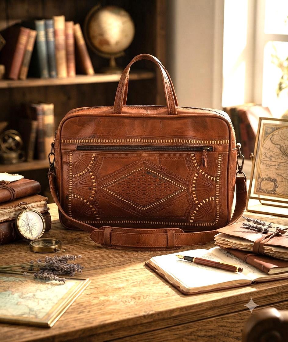 Moroccan Leather Holdall Bag Embroidered Weekender Boho Travel Bag Unisex Hippie Overnight Shoulder Bag