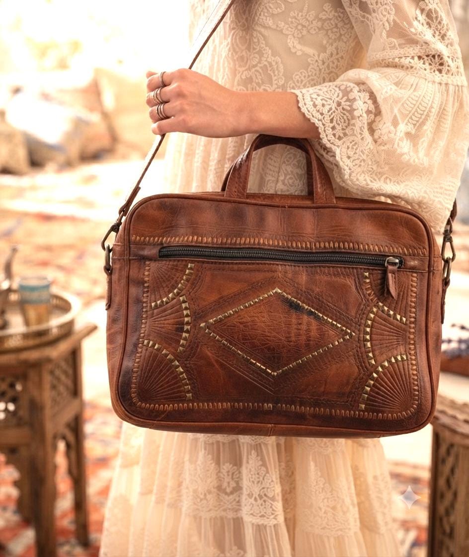 Moroccan Leather Holdall Bag Embroidered Weekender Boho Travel Bag Unisex Hippie Overnight Shoulder Bag