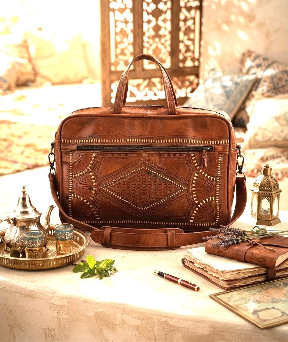 Moroccan Leather Holdall Bag Embroidered Weekender Boho Travel Bag Unisex Hippie Overnight Shoulder Bag