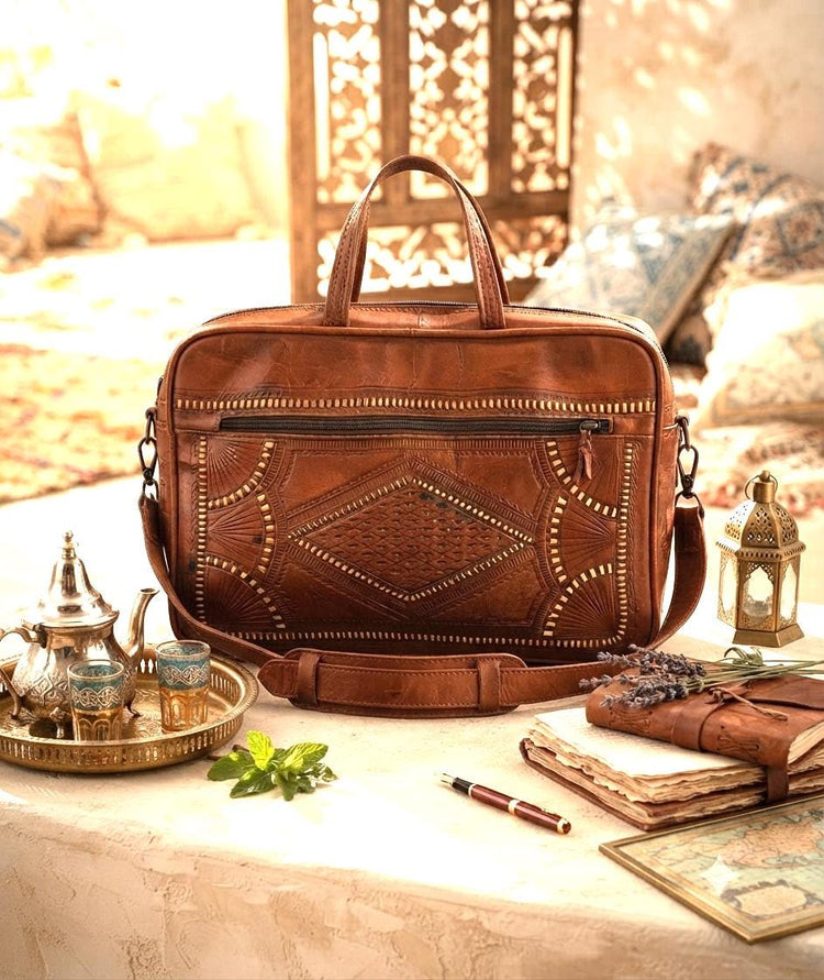 Moroccan Leather Holdall Bag Embroidered Weekender Boho Travel Bag Unisex Hippie Overnight Shoulder Bag