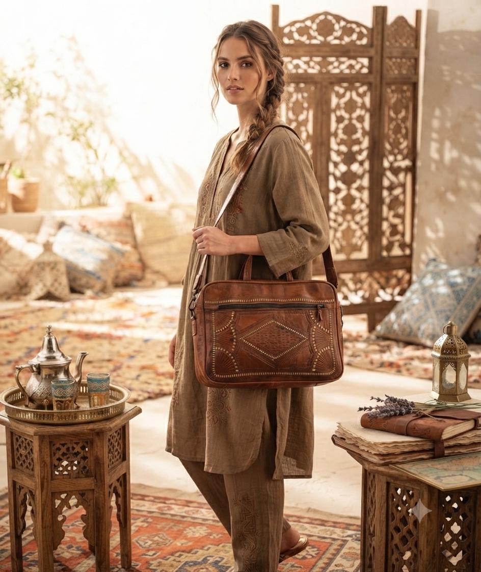 Moroccan Leather Holdall Bag Embroidered Weekender Boho Travel Bag Unisex Hippie Overnight Shoulder Bag
