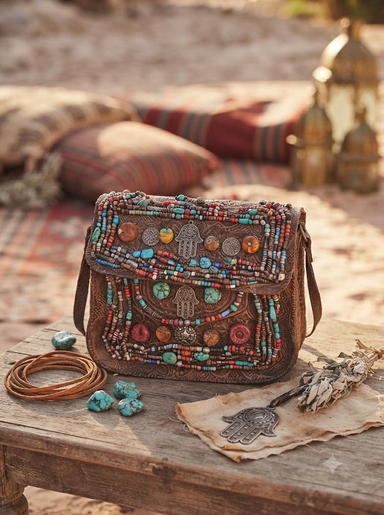 Antique Moroccan Leather Bag Berber Embroidered Purse Hamsa Beaded Boho Hippie Festival Bag Vintage Wall Decor