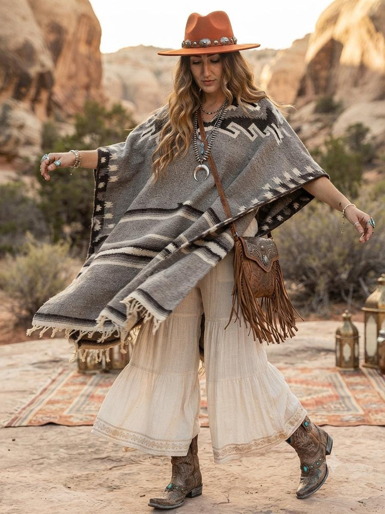 Peruvian Wool Poncho Aztec Blanket Shawl Handmade Andes Boho Hippie Wrap Fringed Unisex Festival Coat