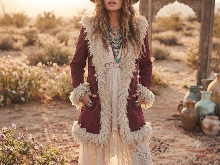 Vintage 1970s Afghan Shearling Coat Burgundy Suede Leather Penny Lane Jacket Boho Hippie Festival Coat Hooded