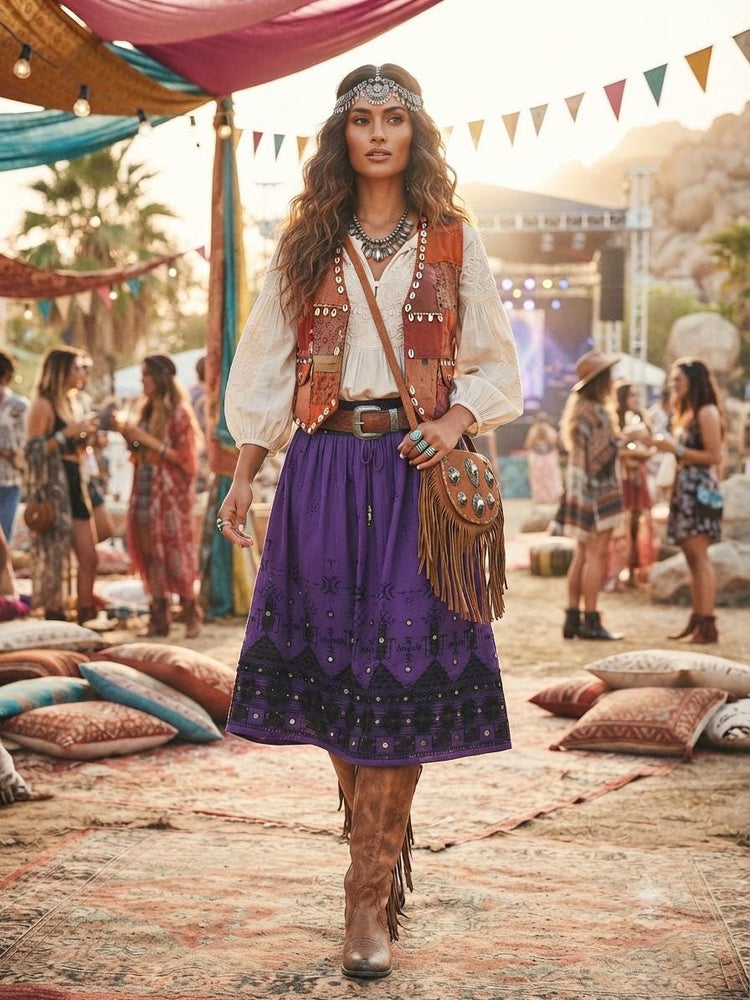 Banjara Midi Skirt Purple Gypsy Mirror Embroidery Tribal Boho Skirt Ethnic Hippie Festival Skirt Size L