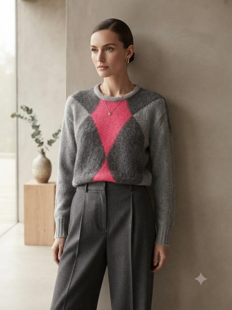 Vintage Hand Knit Wool Mohair Jumper Geometric Nordic Sweater Hipster Fair Isle Knit Pullover Red Grey Size S M