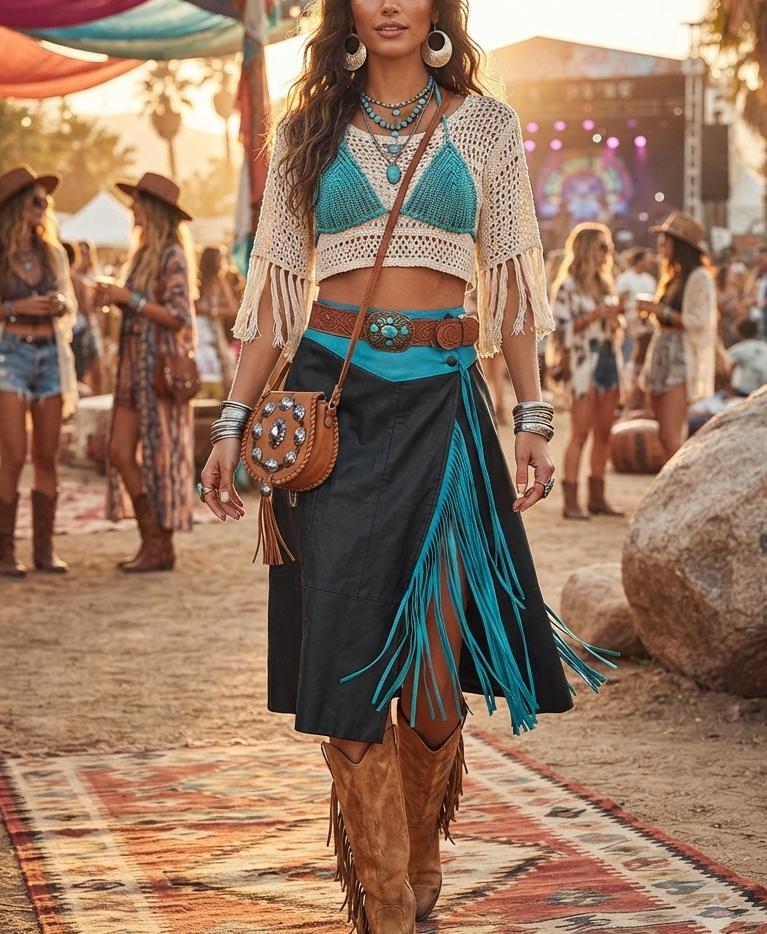 Vintage Leather Fringe Skirt Black Blue Genuine Leather Steampunk Skirt Boho Festival Biker Skirt Size S