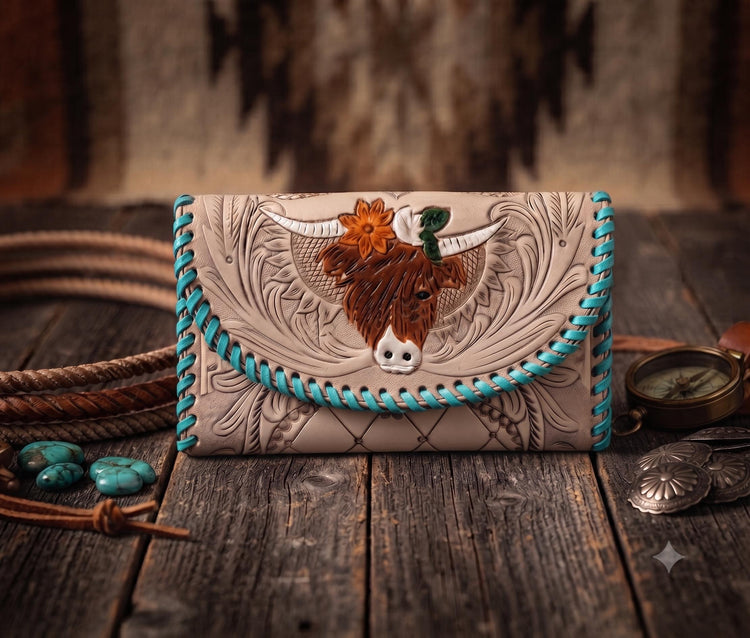 Tooled Leather Cowgirl Wallet: Hand-Painted Highland Cow Floral Purse