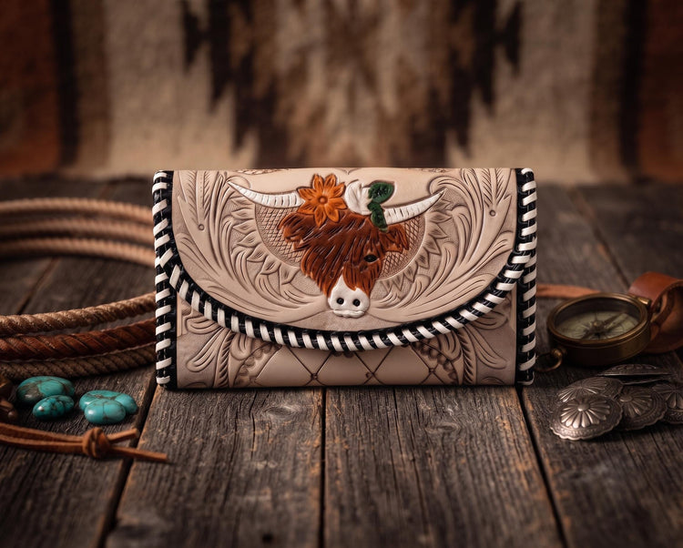 Hand Tooled Leather Wallet: Highland Cow Art, Vintage Western Clutch