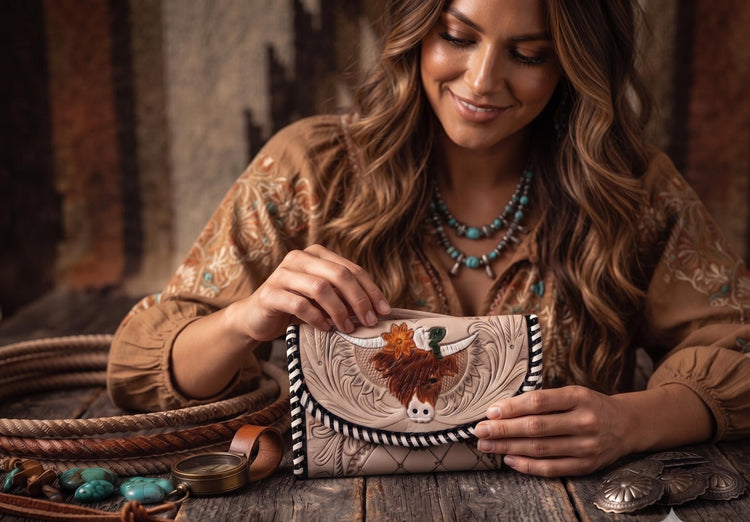 Hand Tooled Leather Wallet: Highland Cow Art, Vintage Western Clutch