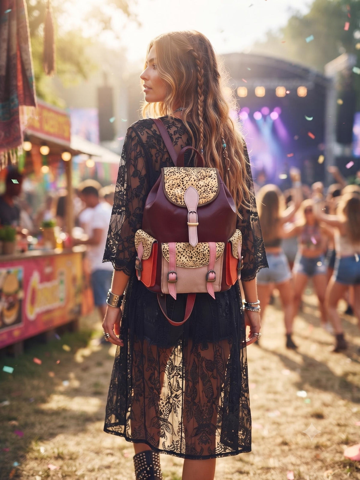 Patchwork Leather Backpack Burgundy Red Leopard Print Boho Hippie Rucksack Vintage Style Women Backpack Handmade Bag