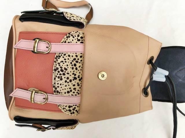 Patchwork Leather Backpack Burgundy Red Leopard Print Boho Hippie Rucksack Vintage Style Women Backpack Handmade Bag