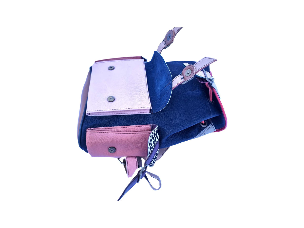 Patchwork Leather Backpack Burgundy Red Leopard Print Boho Hippie Rucksack Vintage Style Women Backpack Handmade Bag