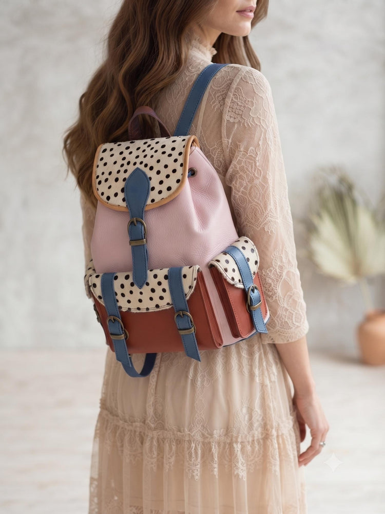 Handmade Leather Backpack with Hair-On Hide Pockets | Artisan Women's Travel Rucksack