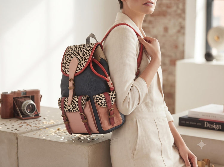 Handmade Leather Backpack with Hair-On Hide Pockets | Artisan Women's Travel Rucksack