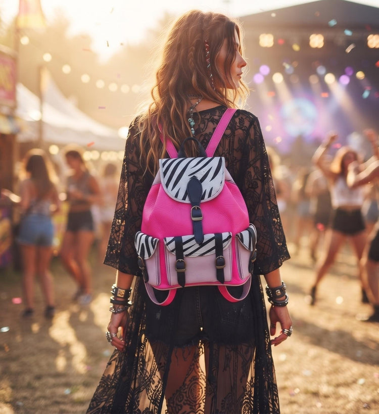 Handmade Leather Backpack with Zebra Print Cowhide | Unique Women's Rucksack for Travel & Festivals
