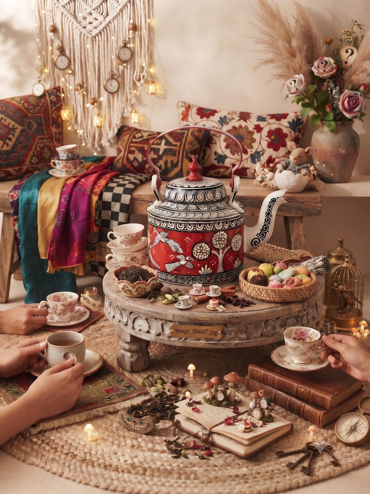 Hand Painted Indian Tea Kettle with Botanical Bird Design | Unique Decorative Teapot