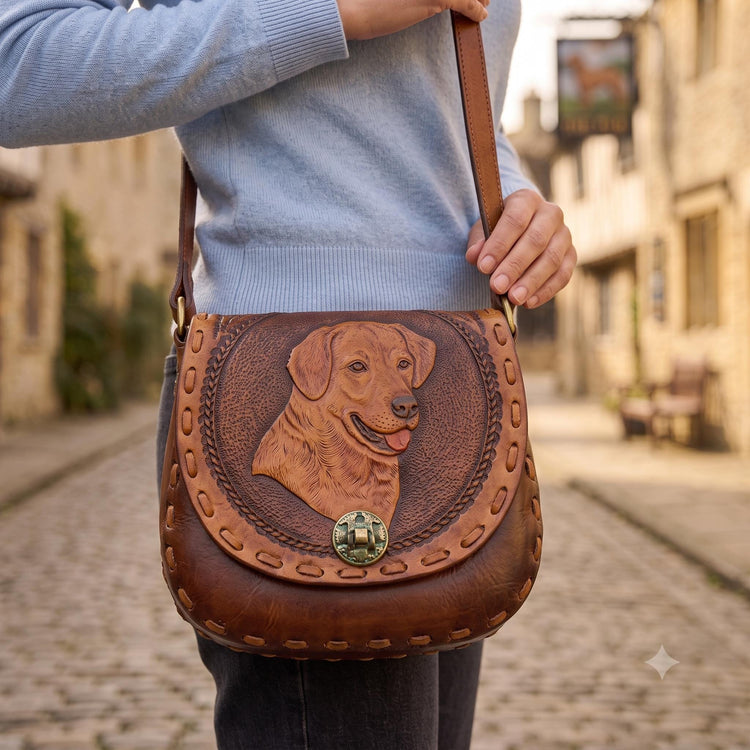 Vintage Labrador Leather Bag | Hand Painted Dog Lover Crossbody Purse with Floral Tooled Design