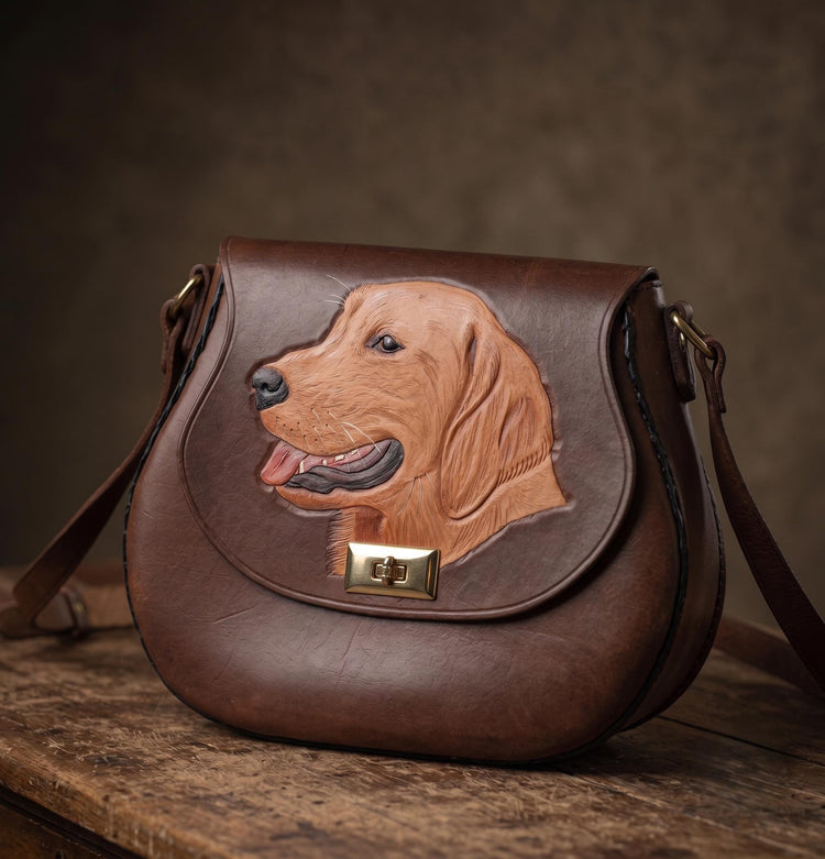 Hand Painted Labrador Leather Bag | Unique Dog Lover Crossbody Purse with Artisan Tooled Design