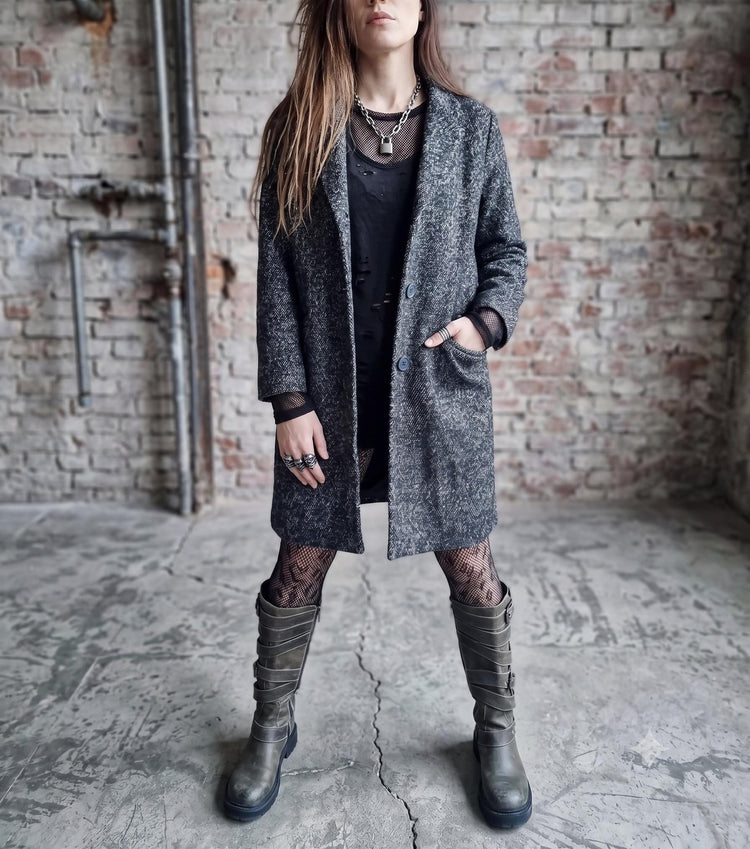 Comptoir des Cotonniers Tweed Coat Houndstooth French Designer Jacket Vintage Y2K Wool Midi Coat Women