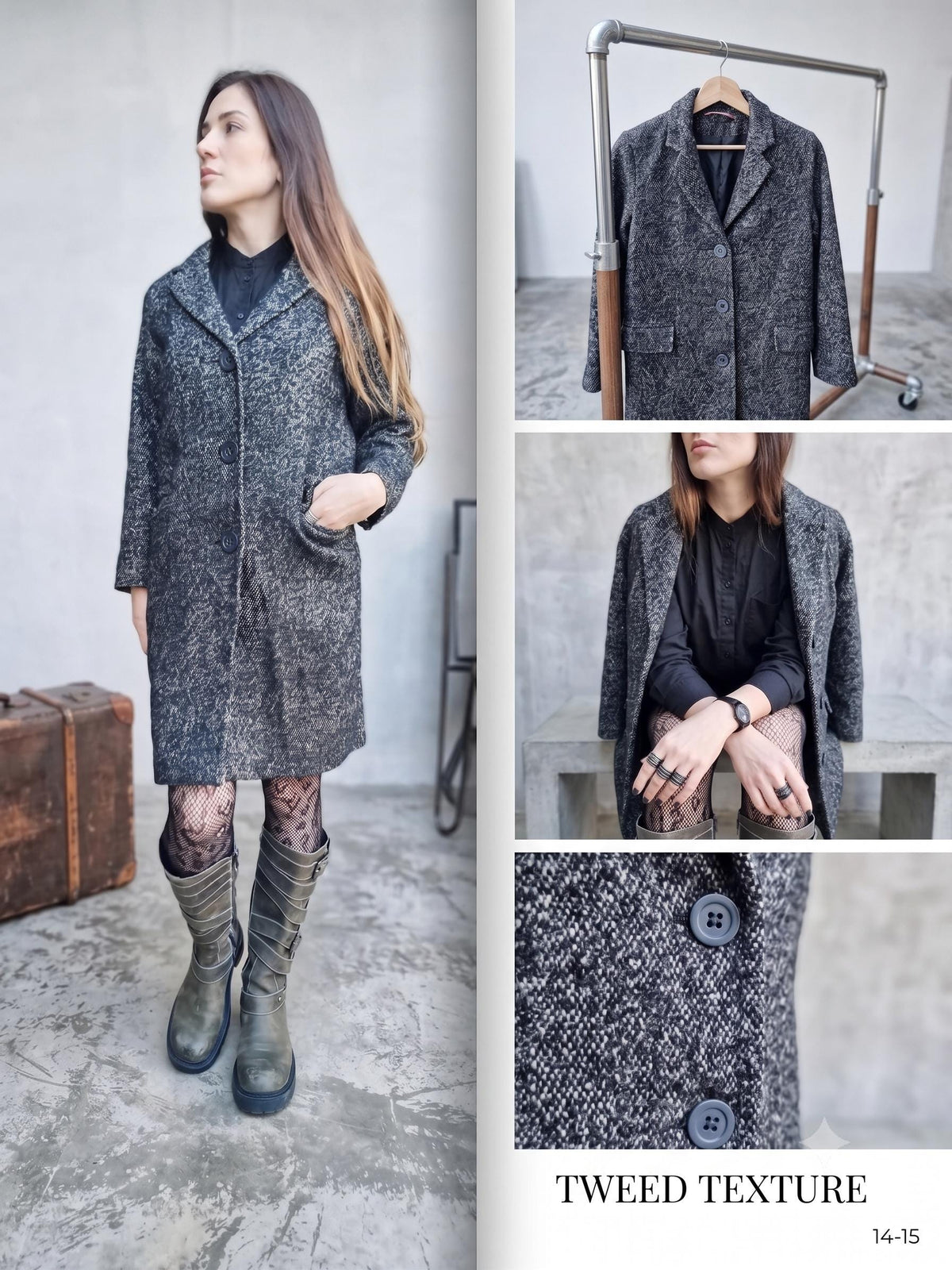 Comptoir des Cotonniers Tweed Coat Houndstooth French Designer Jacket Vintage Y2K Wool Midi Coat Women