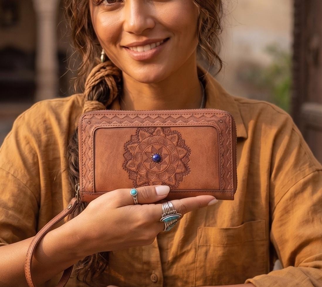 Hand Tooled Leather Wallet: Mandala Design, Lapis Lazuli Stone & Wrist Strap