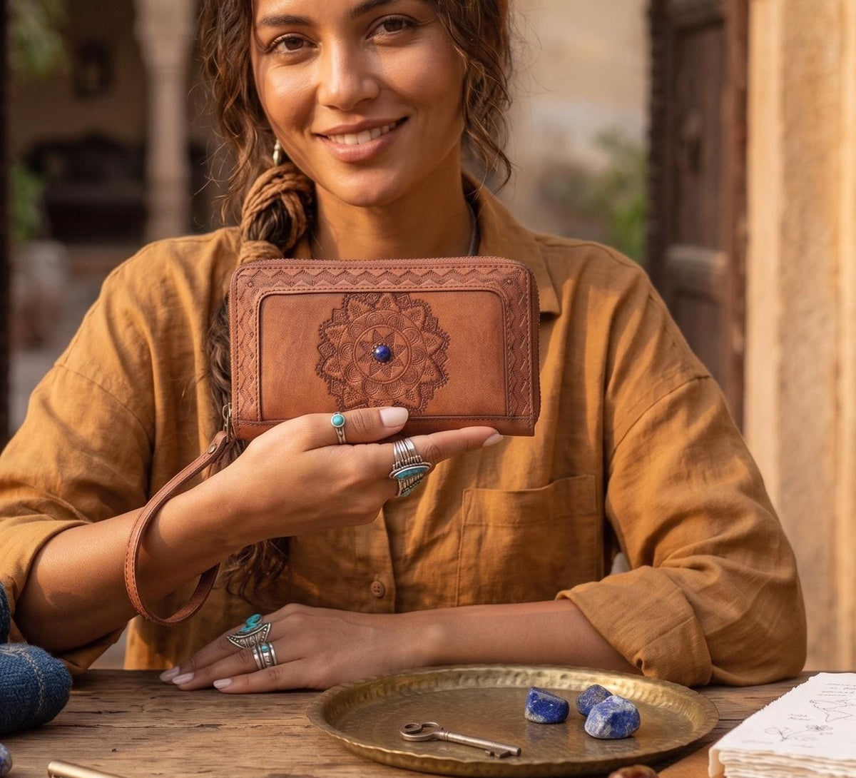 Hand Tooled Leather Wallet: Mandala Design, Lapis Lazuli Stone & Wrist Strap