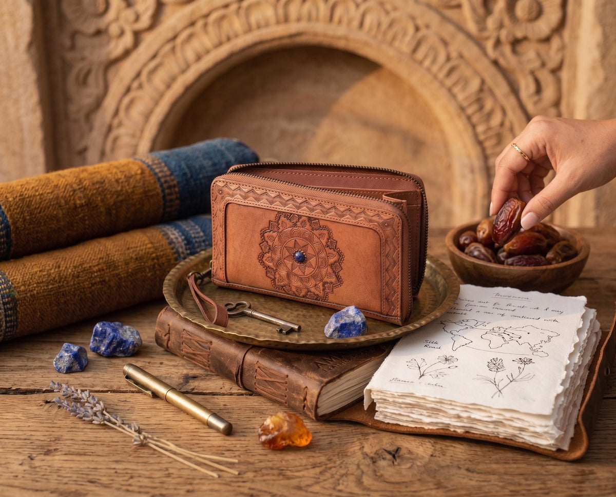Hand Tooled Leather Wallet: Mandala Design, Lapis Lazuli Stone & Wrist Strap