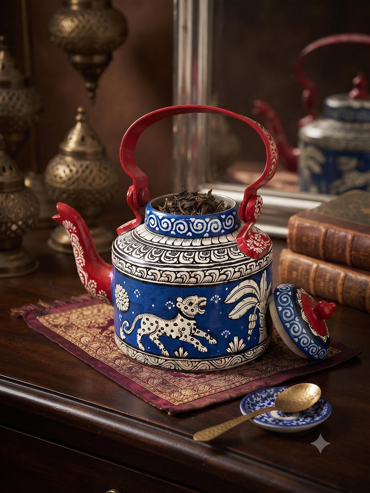 Hand Painted Indian Teapot – Safari Botanical Tea Pot with Leopard & Gazelle Design