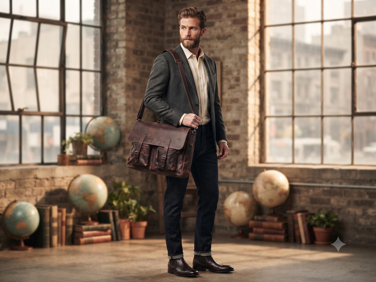 Large Buffalo Leather Messenger Bag – Vintage Men's Briefcase & Laptop Work Bag