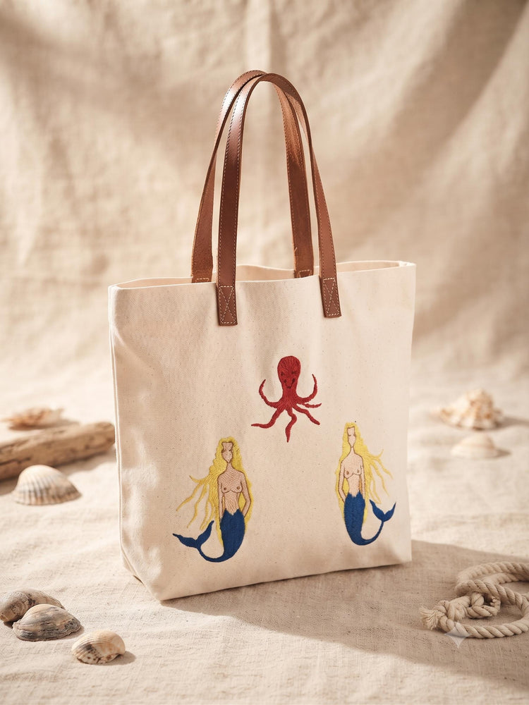 Embroidered Mermaid Octopus Cotton Tote Bag with Leather Handles - Women Summer Beach Bag - Nautical Gift