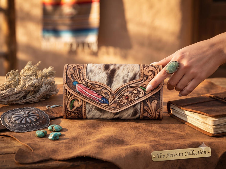 Hand Tooled Leather Cowhide Wallet: Western Feather Design