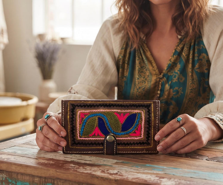 Handmade Embroidered Leather Wallet – Small Boho Coin Purse & Ethnic Women's Wallet