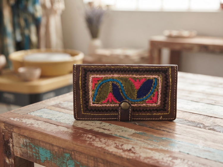 Handmade Embroidered Leather Wallet – Small Boho Coin Purse & Ethnic Women's Wallet