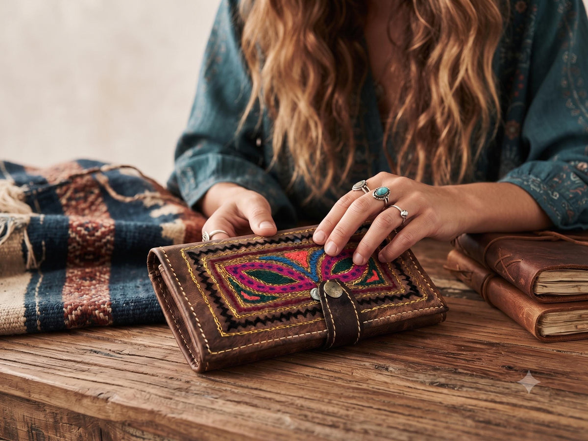Handmade Embroidered Leather Wallet – Small Boho Coin Purse & Ethnic Women's Wallet