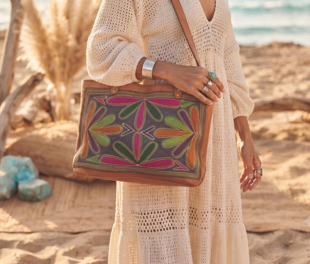 Colourful Embroidered Leather Shoulder Bag – Rainbow Boho Handbag & Artisan Leather Tote