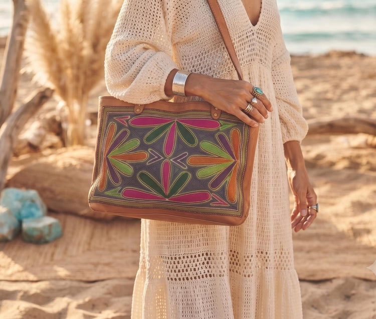 Colourful Embroidered Leather Shoulder Bag – Rainbow Boho Handbag & Artisan Leather Tote