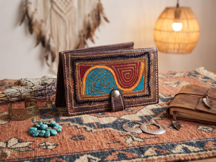 Embroidered Leather Bifold Wallet: Vintage Hippie Style Small Purse