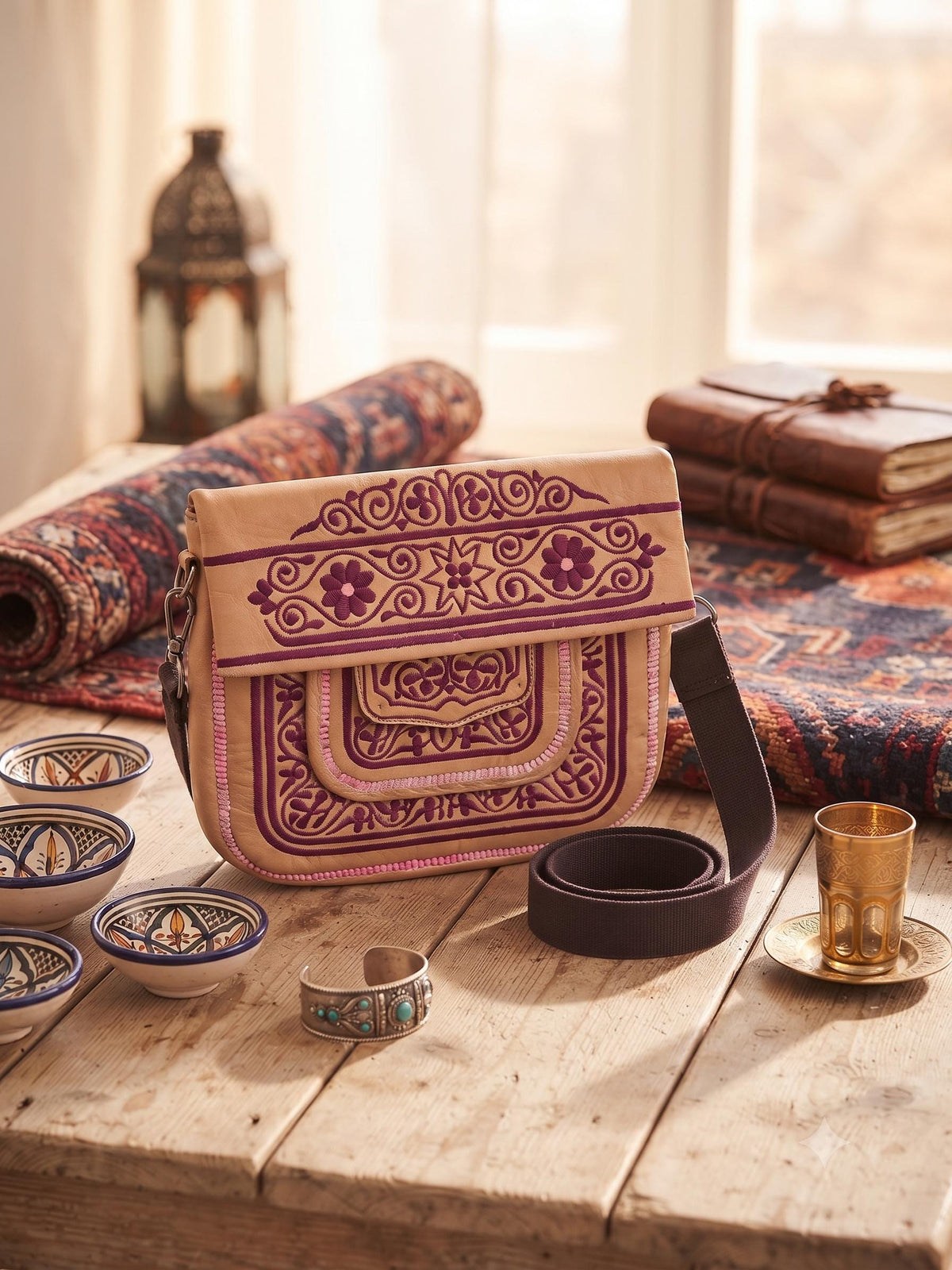 Vintage Moroccan Berber Leather Bag – Embroidered Boho Shoulder Satchel - Festival Purse