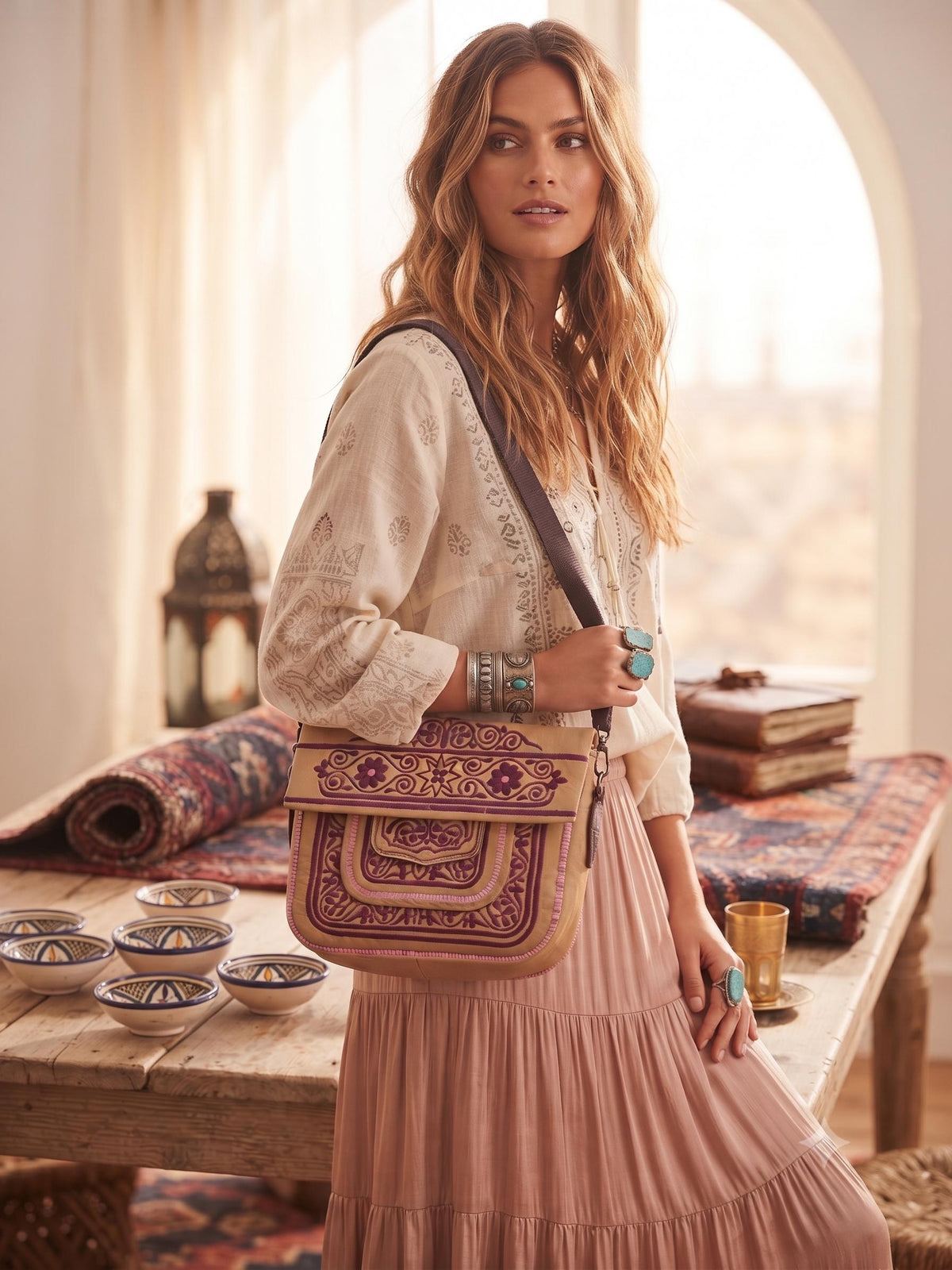 Vintage Moroccan Berber Leather Bag – Embroidered Boho Shoulder Satchel - Festival Purse