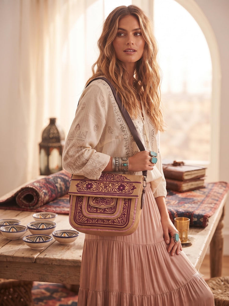 Vintage Moroccan Berber Leather Bag – Embroidered Boho Shoulder Satchel - Festival Purse