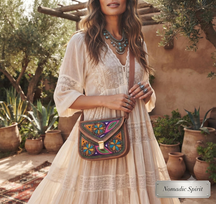 Embroidered Leather Crossbody Bag – Handmade Boho Saddle Bag, Hippie Festival Purse