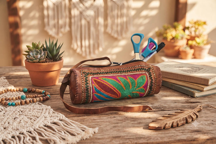 Embroidered Leather Pencil Case – Handmade Boho Pencil Pouch, Hippie Stationery Bag, Artist Gift